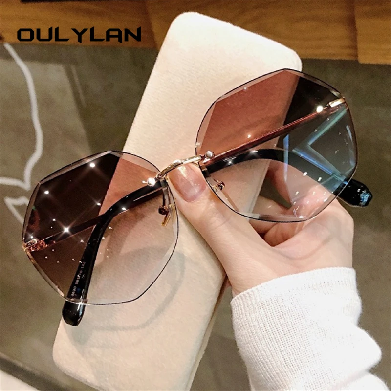 Oulylan Rimless Round Sunglasses Women Sexy Gradient Oversized Sun Glasses Vintage Female Blue Pink Eyewear Shades UV400