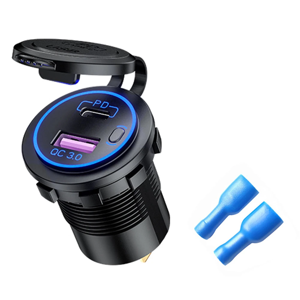 P21-A Car Motorcycle Dual USB Charger Quick Charge QC 3.0 + PD USB Fast Charger Socket Power Outlet Adapter with Switch