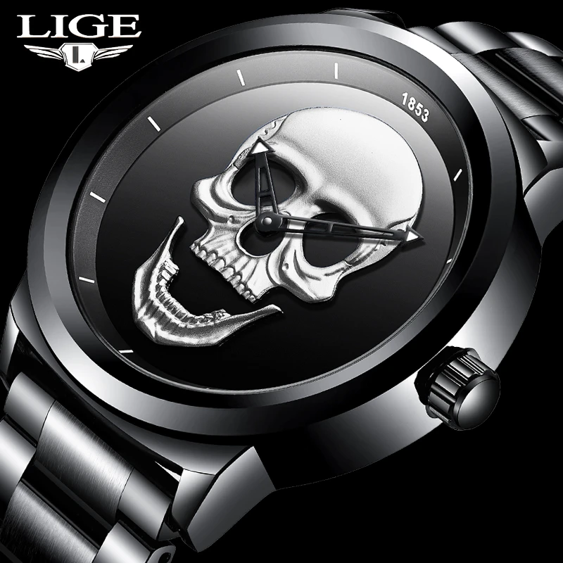 2021 Cool Punk 3D Skull Men Watch Brand LIGE Luxury Steel Quartz Men Watches Waterproof Retro Fashion Gold Black Clock Relogio