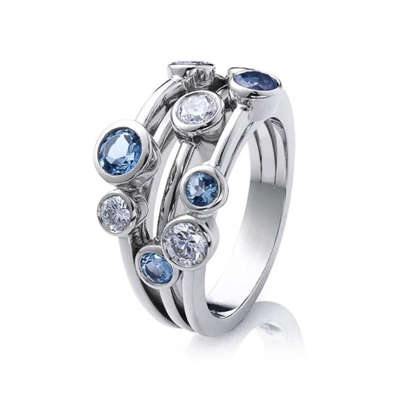 Huitan Partysu Style Women Band Rings 3 Rows with Round White/Blue Zircon Stone Fashion Female Wedding Jewelry Rings Simple Item