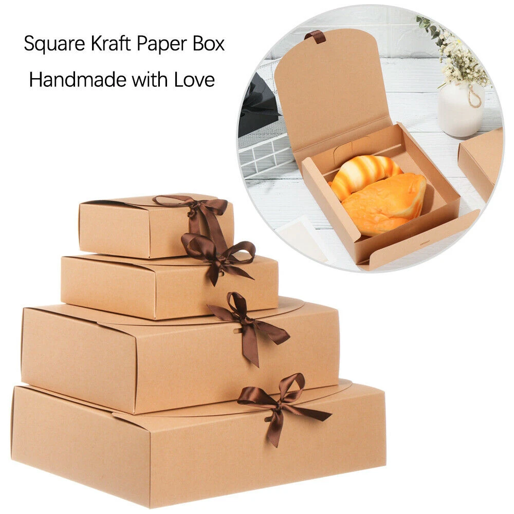 10pcs Square Kraft Paper Box Cardboard Packaging Valentine's Day Wedding Easter Party Gift Box With Ribbons Candy Storage
