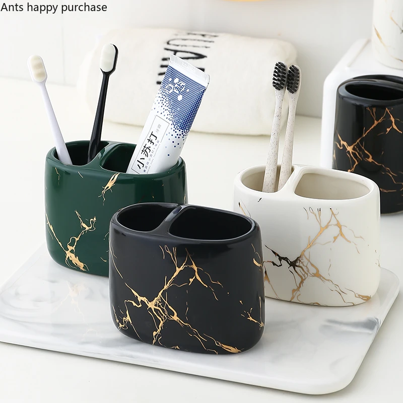 Toothpaste Toothbrush Holder Marbling Ceramics Bathroom Toothbrush Cup Multifunction Toothbrush Barrel Bathroom Supplies Rack