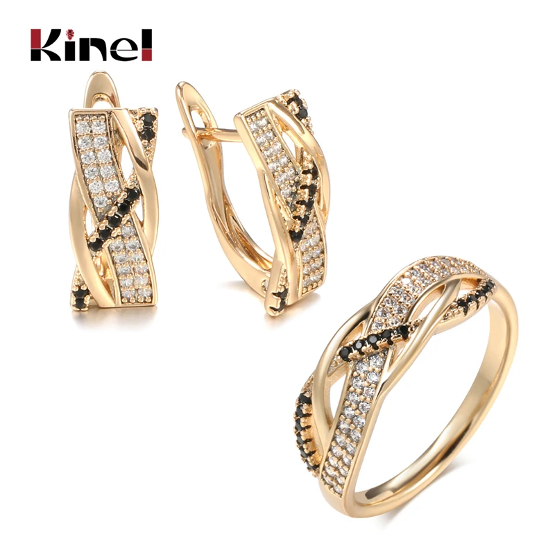 Kinel Hot Black Natural Zircon Earrings Ring Sets Trend Geometry Cross 585 Rose Gold Earrings For Women Vintage Jewelry Sets