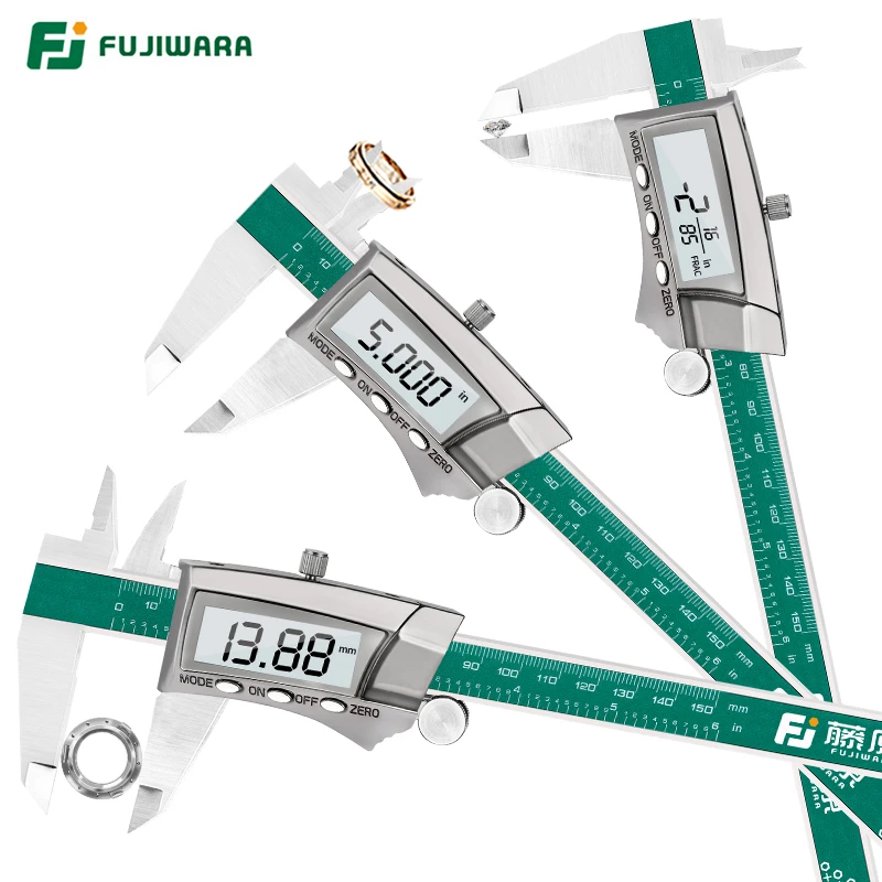 FUJIWARA Digital Display Stainless Steel Calipers 0-150mm 1/64 Fraction/MM/Inch LCD Electronic Vernier Caliper IP54 Waterproof