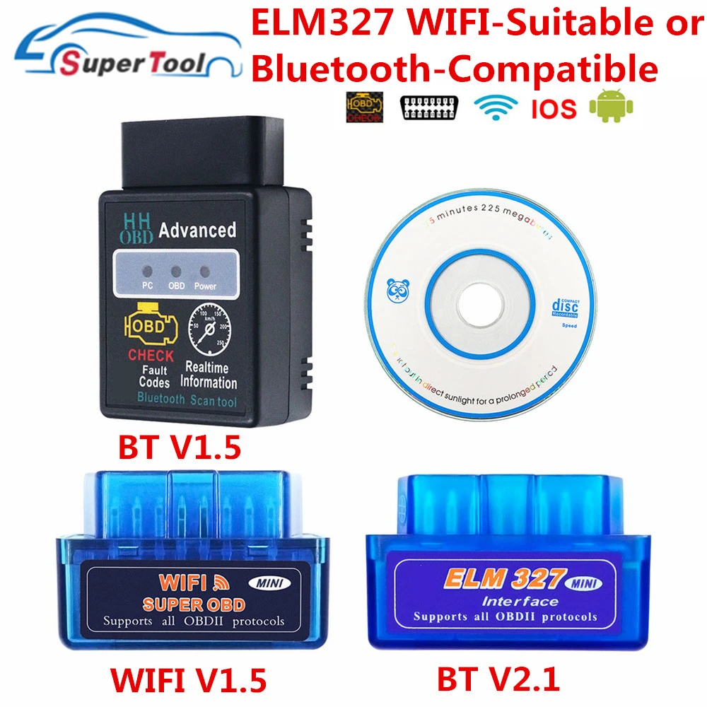 OBD2 ELM327 V2.1 OBDII ELM 327 WIFI V1.5 HH OBD ELM327 Bluetooth-Compatible V2.1/2.1 OBD 2/II Diagnostic Tool Auto Code Scanner