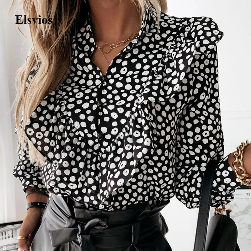 Ladies Polka Dot Print Ruffle Blouse Shirt 2020 Autumn Winter Long Sleeve V-Neck Shirts Tops Elegant Office Women Button Blusas