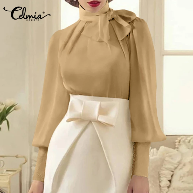 Celmia Fashion Women Party Blouse Long Lantern Sleeve Shirts 2021 Autumn Bow Tie Elegant Office Ladies Top OL Blusas Femininas