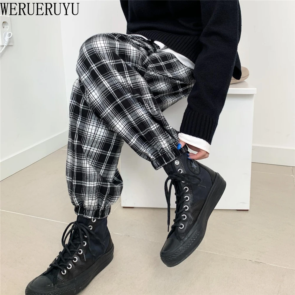 plaid Pant Casual Women Autumn Casual Pants Clothes Loose Drawstring Clothing Fashion Black White Check Harem