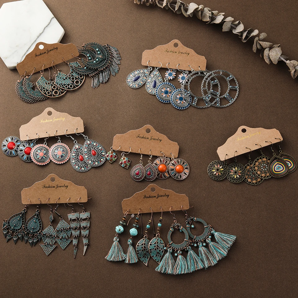Indian Jewelry Ethnic Red Blue Water Drop Earrings for Women Girls Round Leather Acrylic Stones Metal Tassel Fringe Earrings