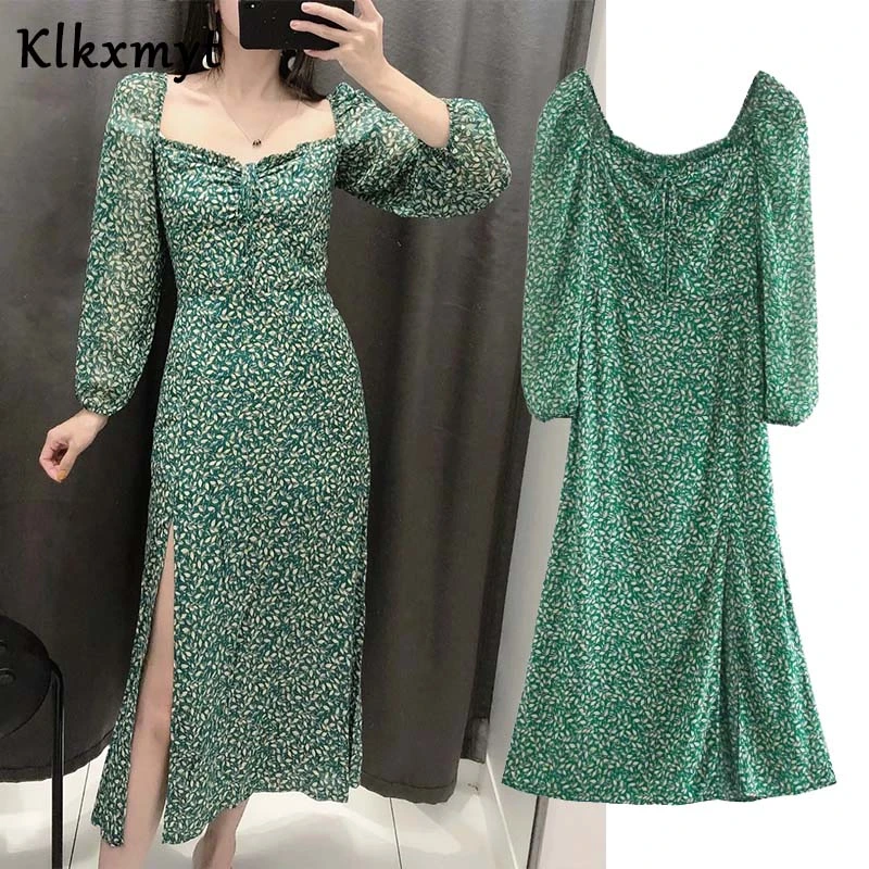 Klkxmyt summer dress women high street vintage print square collar party midi za dress vestidos de fiesta de noche vestidos