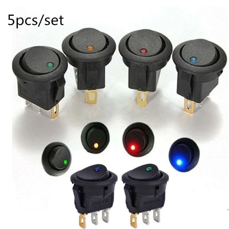 ​5pcs/set ON/OFF 12V Round Rocker Dot  Switch Waterproof LED Light Luminescence Toggle Switches Car Accesssories accessor