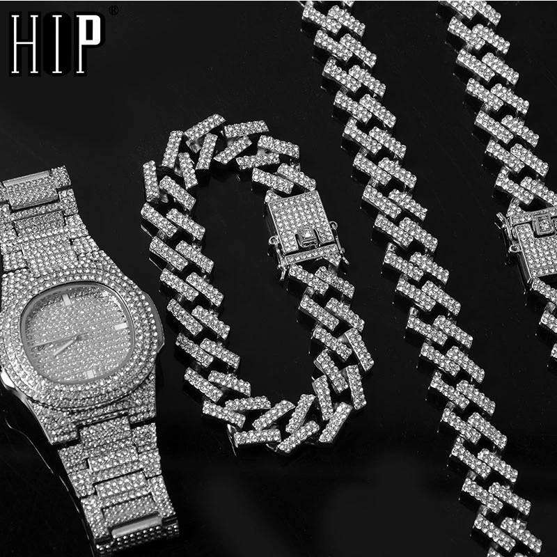 Hip Hop 15MM Necklace +Watch+Bracelet Bling Iced Out Miami Zircon Cuban Pave Rhinestone Men Bracelet Necklace For Men Jewelry