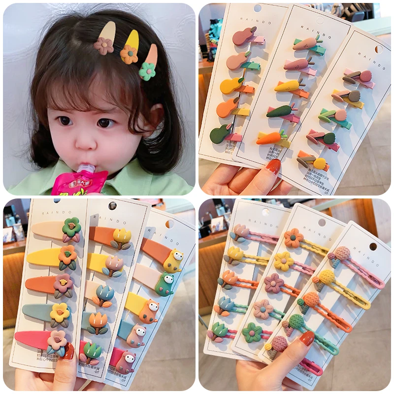 5 Pcs/Set Children Cute Hollow Cartoon Fruit Flower Carrot Ornament Hair Clips Girls Lovely Alloy Hairpins Kids Hair Accessories