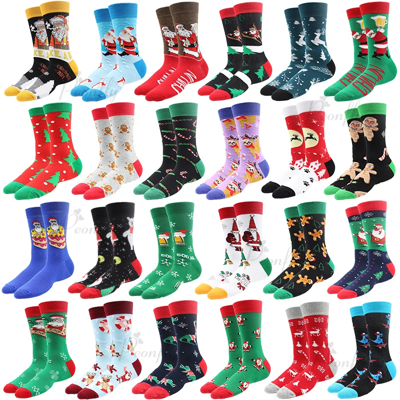 Christmas Socks PEONFLY New Colorful Cotton Happy Men's Crew Socks Harajuku Hip Hop Funny Cartoon Santa Claus Biscuits