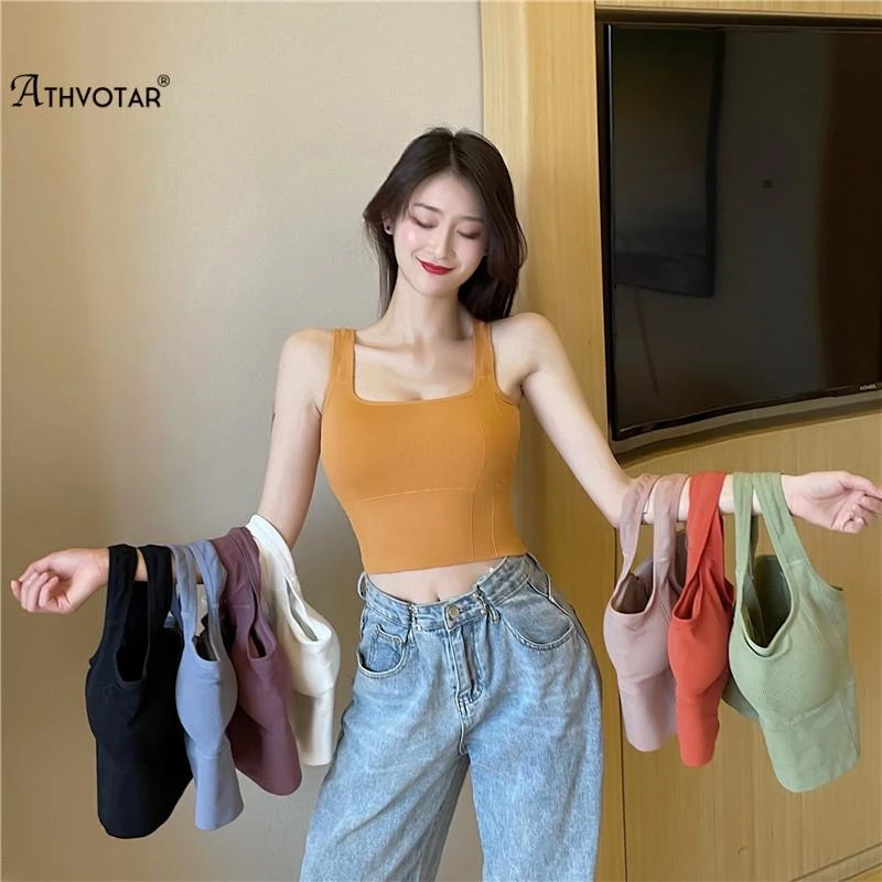 ATHVOTAR Women Sexy Crop Top Woven Tank Top Push Up Underwear Tube Top Square Collar With Pad Wireless Sports Padded Camisole