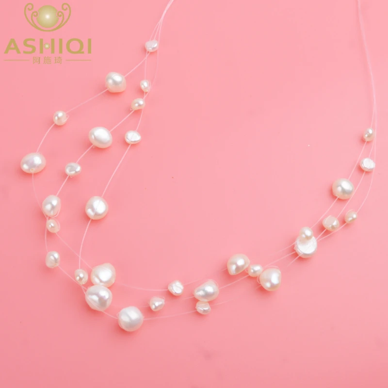 ASHIQI Multilayer White Natural Baroque Pearl Choker Necklace for Women Simple Style Handmade DIY Wedding Party Jewelry gift