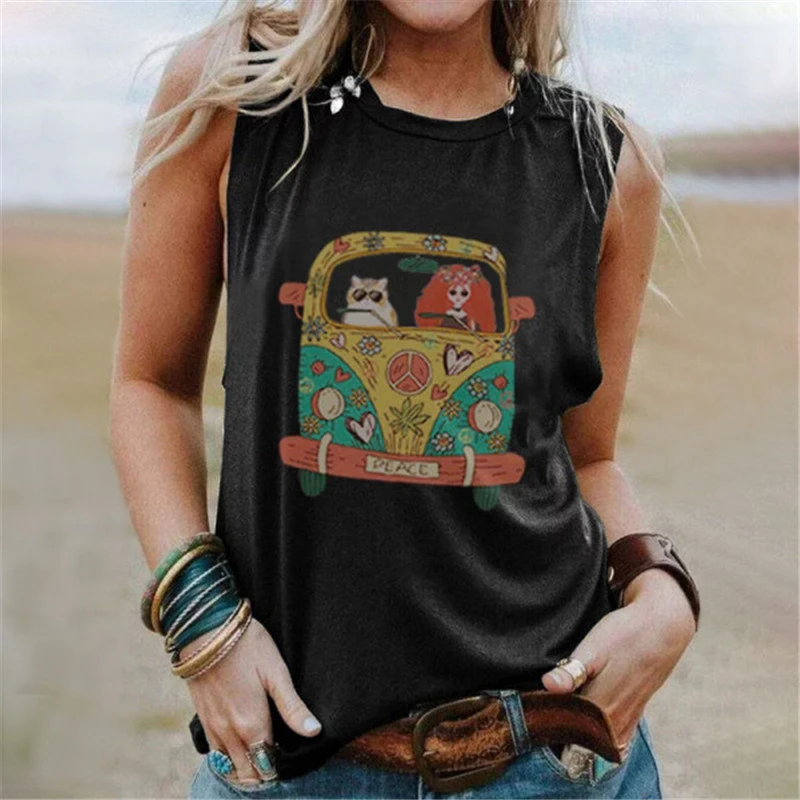 2021 New Women S-5XL Sleeveless Cartoon Printed Vintage Tshirts O-Neck Cute Loose Tee Tops Female Summer Casual T Shirts Clothes