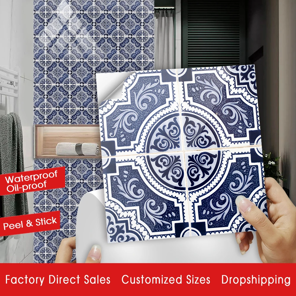 10pcs/set Dark Blue& White Mandala Ceramics Tiles Wall Sticker Kitchen Tables Art Mural Home Decor Peel & Stick PVC Wall Decals
