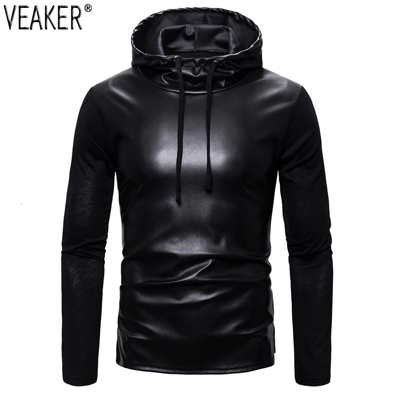 2021 New Men's PU Hoodies Sweatshirts Male Slim Fit Faux Leather Hoodies Coat Black Tops Hooded Pullovers S-2XL