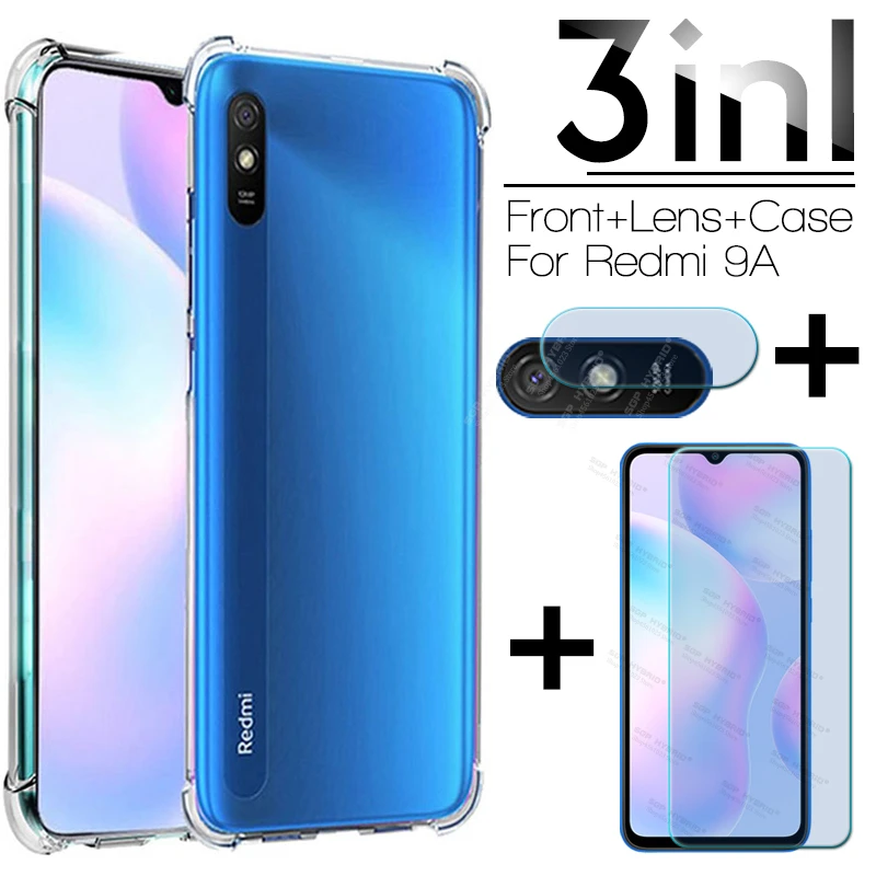 3in1 For Xiaomi Mi Redmi 9a 9c 9 8a 8 a c Redmi9a Redmi9c Redmi8a Tempered Glass + Camera Lens Protection Film + TPU Soft Case