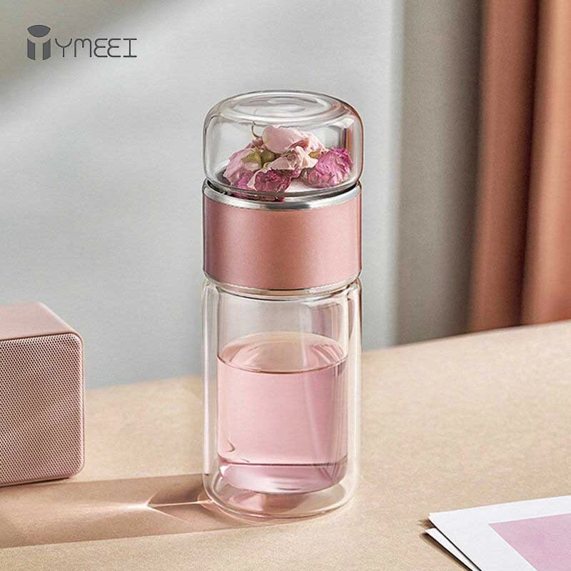 YMEEI 280ML Tea Water Bottle High Borosilicate Glass Double Wall Tea Water Cup Portable Glass Tumbler Stainless Steel Tea Filter