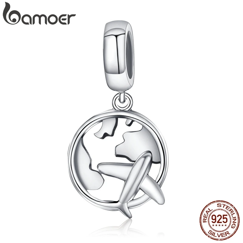 BAMOER Authentic 925 Sterling Silver Traveling Dream Map & Plane Charm Beads Fit Charm Bracelets Fashion DIY Jewelry S925 SCC242