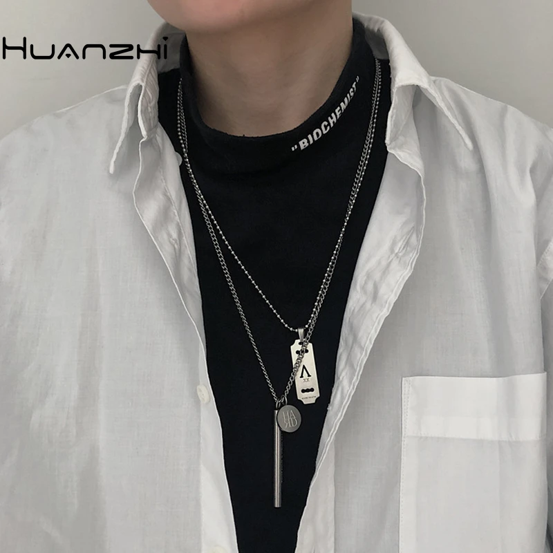 HUANZHI 2020 New Minimalist Punk Titanium Steel Hip Hop Letter Rectangle Round Pendant Metal Necklace for Women Men Couple