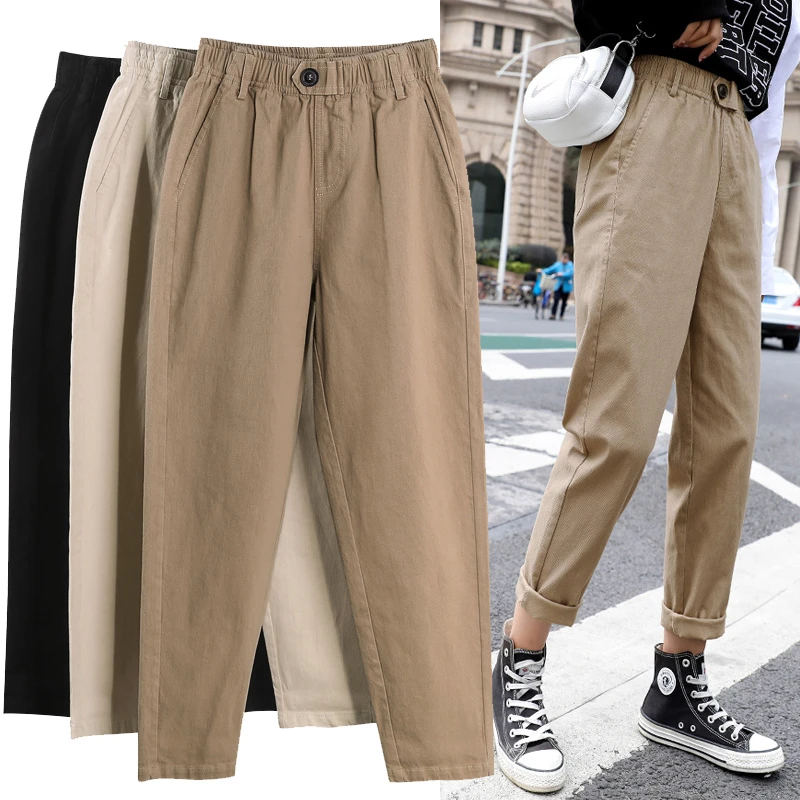 Womens Straight Casual Pants Fashion Overalls Korean High Waist Leisure Harem Pants Loose Elastic Waist Pants Women Trousers