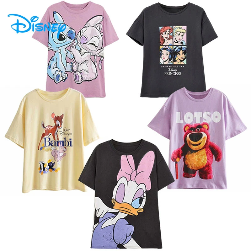 Disney Cartoon Cotton T-Shirt Women 2021 Summer Casual Mickey Mouse Daisy Duck Tshirt Women Vintage Streetwear Tee Tops T-Shirts