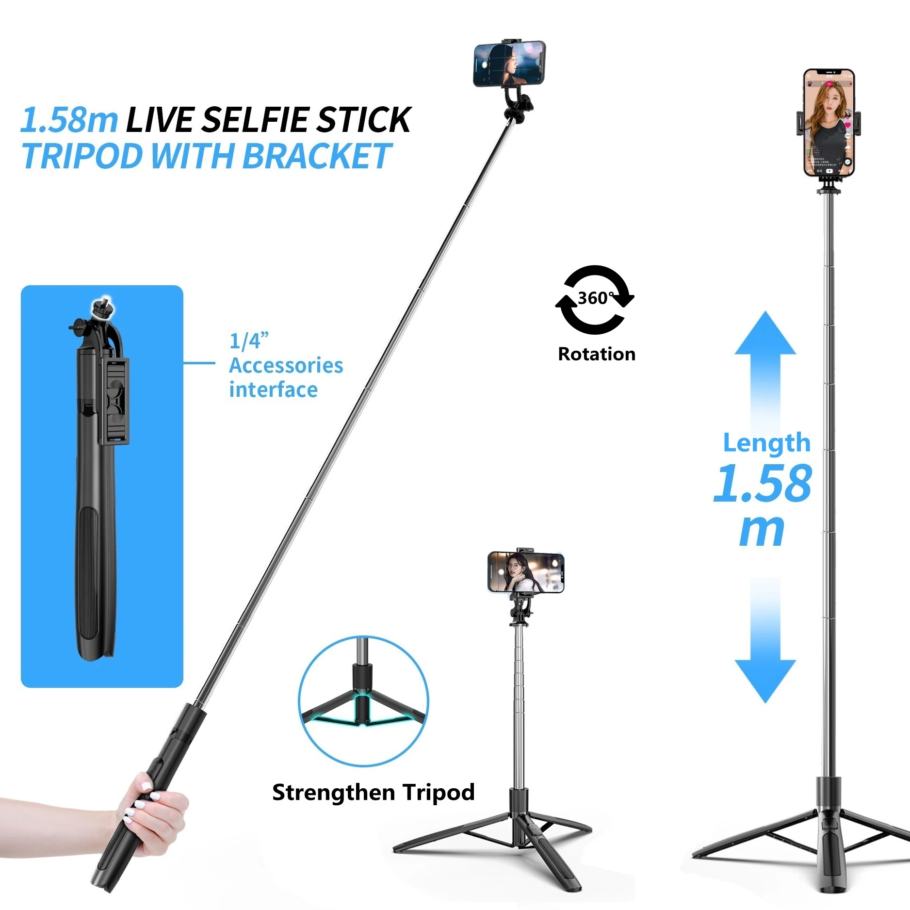 COOL DIER 1580mm New Wireless Selfie Stick Tripod Foldable Monopod For Gopro Action Cameras Smartphones Selfie