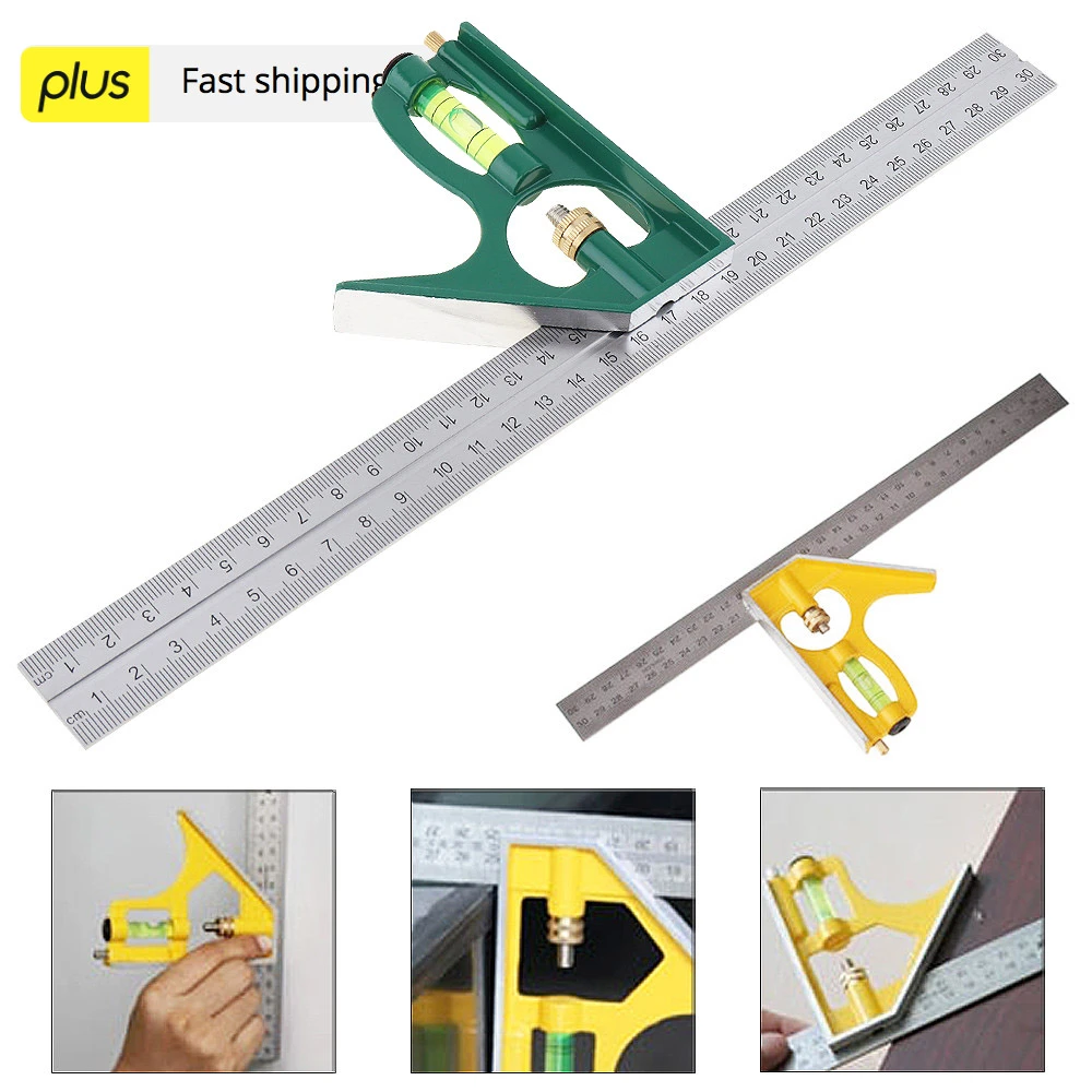 12 Inch 300mm Adjustable Combination Square Angle Ruler 45 / 90 Degree With Bubble Level Multifunctional Gauge Measuring Tools