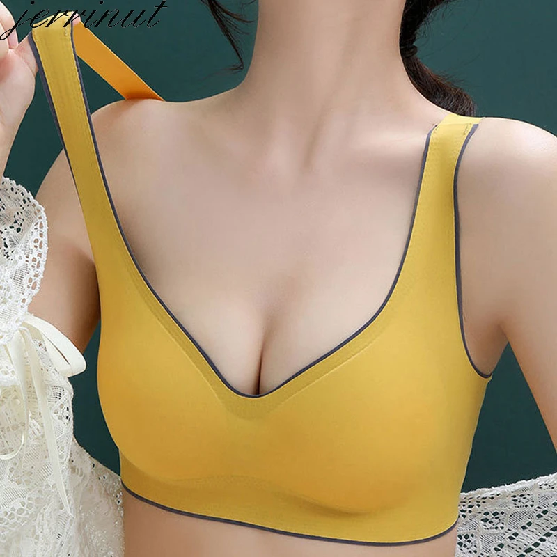 Jerrinut Plus Size Bra Latex Push Up Bra Seamless Bras for Women Bralette Top Bh Comfort Cooling Gathers Shock-Proof Pad