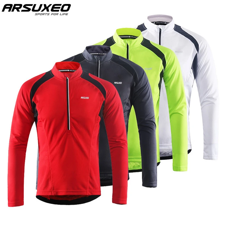 ARSUXEO Men's Long Sleeve Cycling Jerseys Bicycle Bike Shirt MTB Mountain Bike Jersey Cycling Clothing Reflective Stripe Pockets