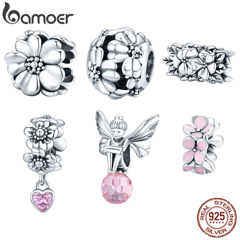 bamoer Genuine 925 Sterling Silver Metal Flower Beads Charm for Women Origianl Bracelet Bangle Silver Fine Jewelry SCC1486