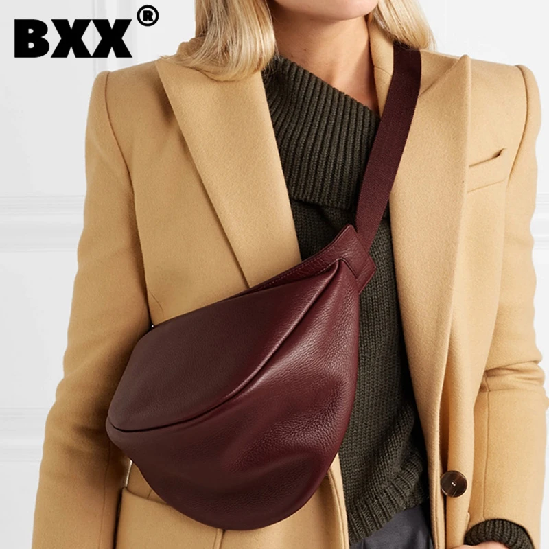 [BXX] 2021 Spring Woman New Wine Red Black Color Wide Single Strap Zipper Half Moon PU Leather Chest Bag All Match LI812