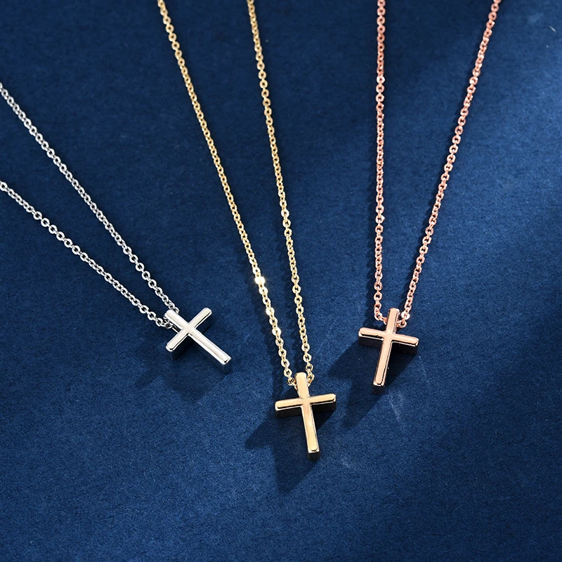 New 925 Sterling Silver Necklace Smooth Shiny Cross Choker Simple Pendant Clavicle Chain Gift For Girl Exquisite Jewelry SKN005