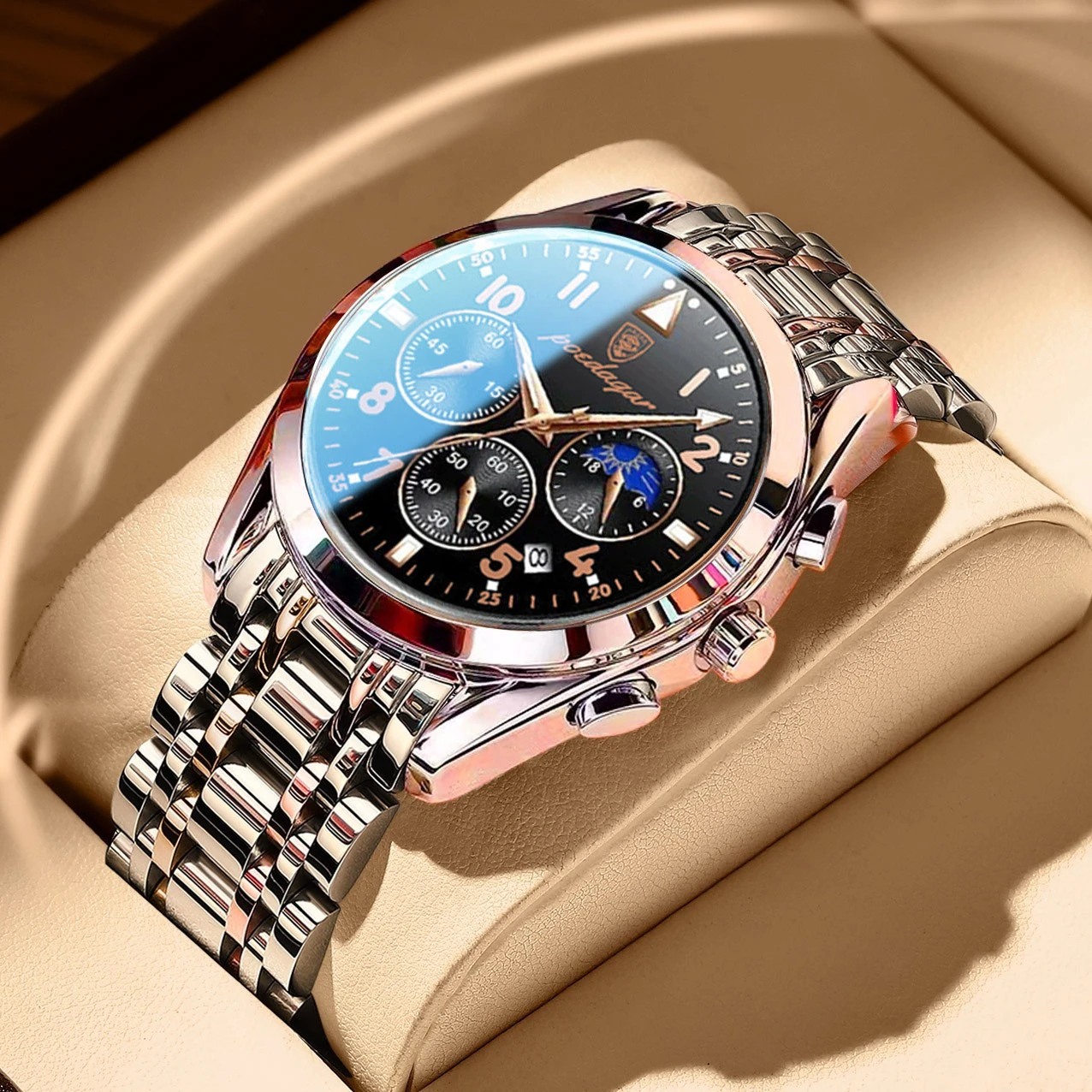 POEDAGAR Men Watches Stainless Steel 2021 Fashion New Rose Gold Wristwatch Waterproof Luminous Quartz Watches Relogio Masculino