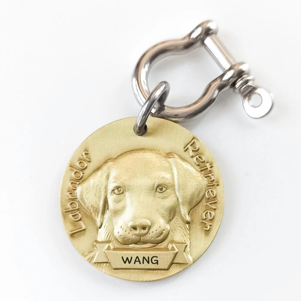 Personalized Brass Dog ID Tag MW008 Front 3D Model Dogs Breed Image Back Laser Deep Carving Custom Labrador American Bully