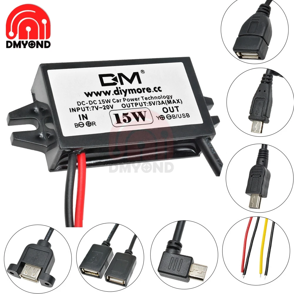 DC-DC 12V to 5V 3A 15W Car Charger Charging Power Converter USB Step Down Power Supply Output Adapter Low Heat Auto Protection