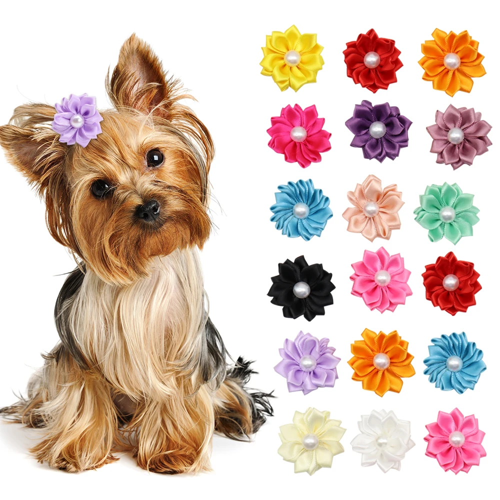 Flower Dog Hair Bows Long Hair Pet Dogs Bows Rubber Band Cat Puppy Hair Clips Pet Grooming Bow Dog Accessories 20pcs/lot