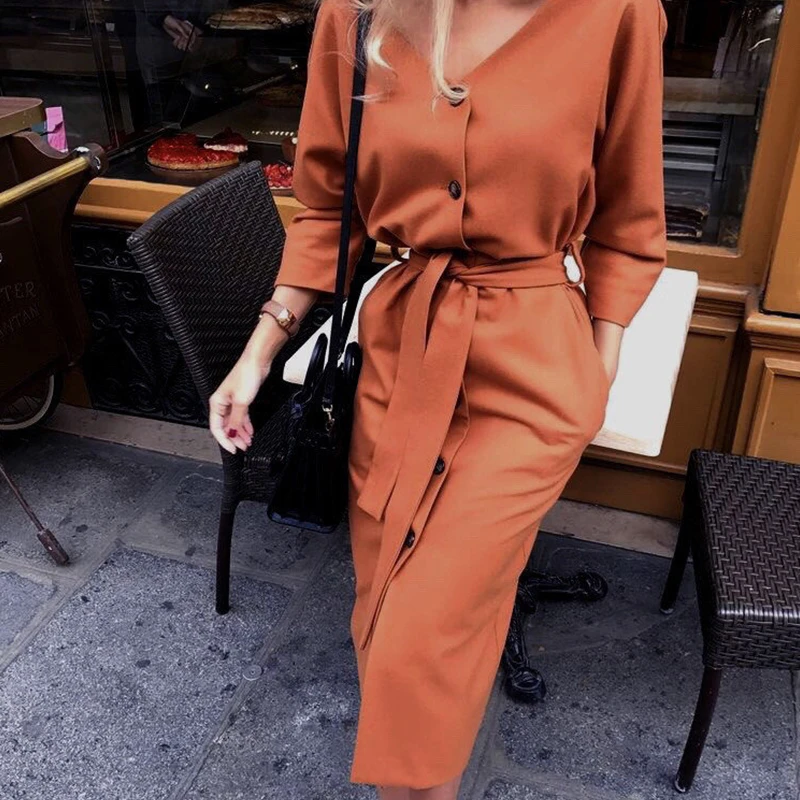 Sexy v Neck Autumn Long Sleeve Women Dress Ladies Sashes Button Casual Office Dress 2021New Fashion Women Midi Dress Vintage