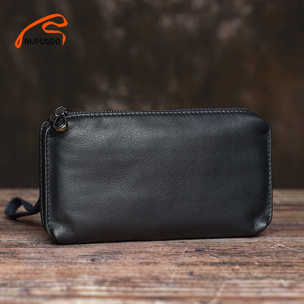 Casual Men Clutch Bag Genuine Leather Wallet Phone Mini Coin Purses Credit Card Holder Blue Business Small Money Bags NUPUGOO