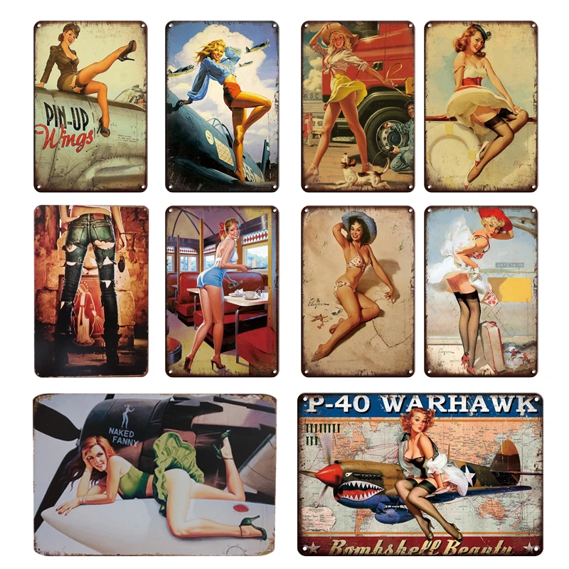 Pin-Up Wings Poster Tin Sign Pinup Girl Room Bar Decor Vintage Metal Tin Sign Car Beach Beauty Girl Art Wall Sticker Decor Plate