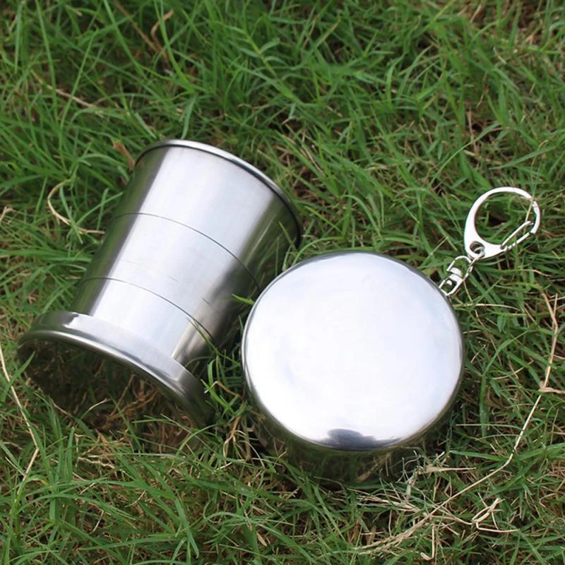 1Pcs Stainless Steel Folding Cup With Keychain Portable Retractable Telescopic Collapsible Cups Outdoor Water Drink Cup With Lid
