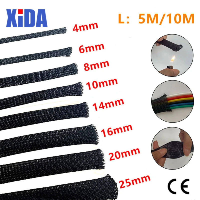 5/10M Black Insulated Braid Sleeving 2/4/6/8/10/12/15/20/25mm Tight PET Wire Cable Protection Expandable Cable Sleeve Wire Gland