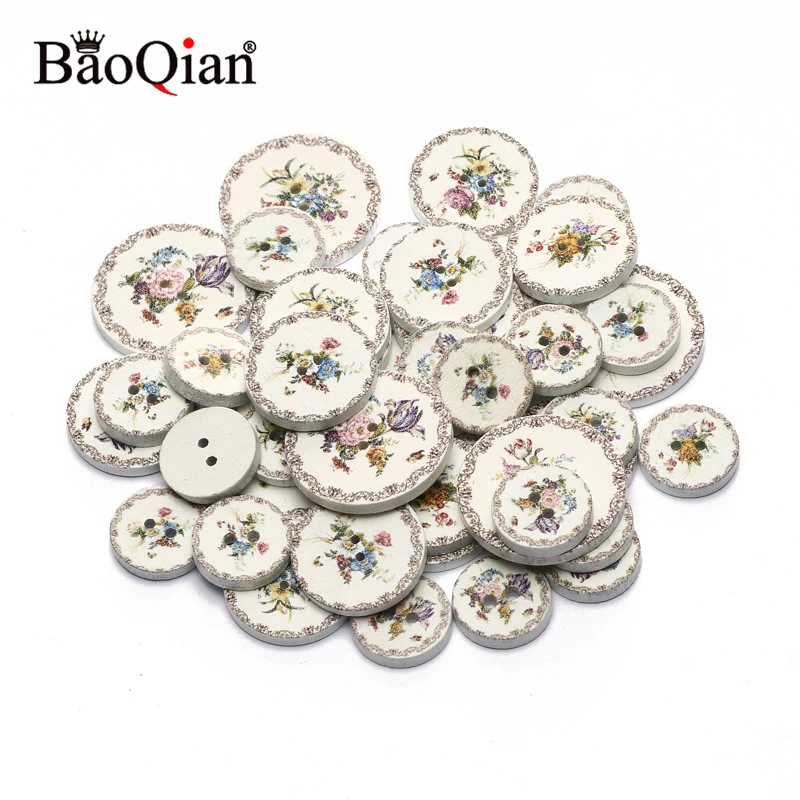 50pcs 15/20/25mm White Flower Painted 2 Hole Round Wood Button For Clothing Decoration Scrapbooking Diy Home Sewing Accessories