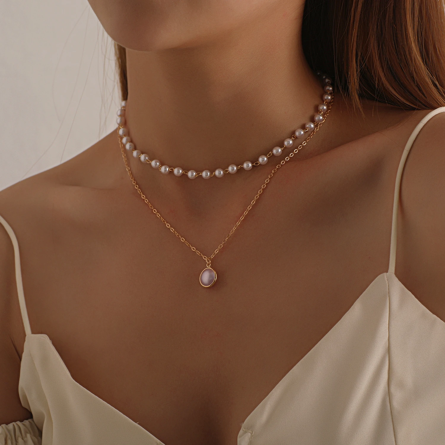 2021 New Fashion Kpop Pearl Choker Necklace Cute Double Layer Chain Pendant For Women Jewelry Girl Gift Gold Necklace Collier