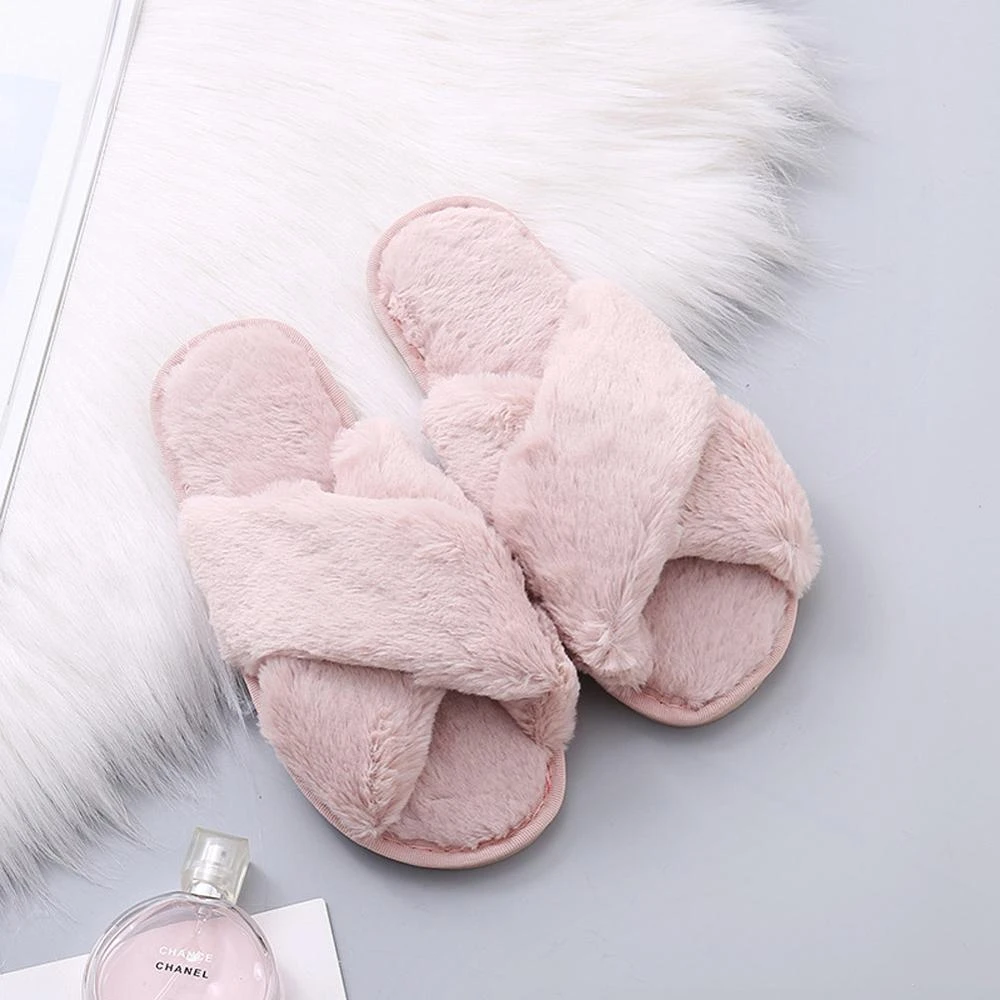 Women Fluffy Winter Sandal Cross Plush Open Toe Sandal Soft Flat Shoes Warm Faux Fur Slipper Home Female Shoes WJ004