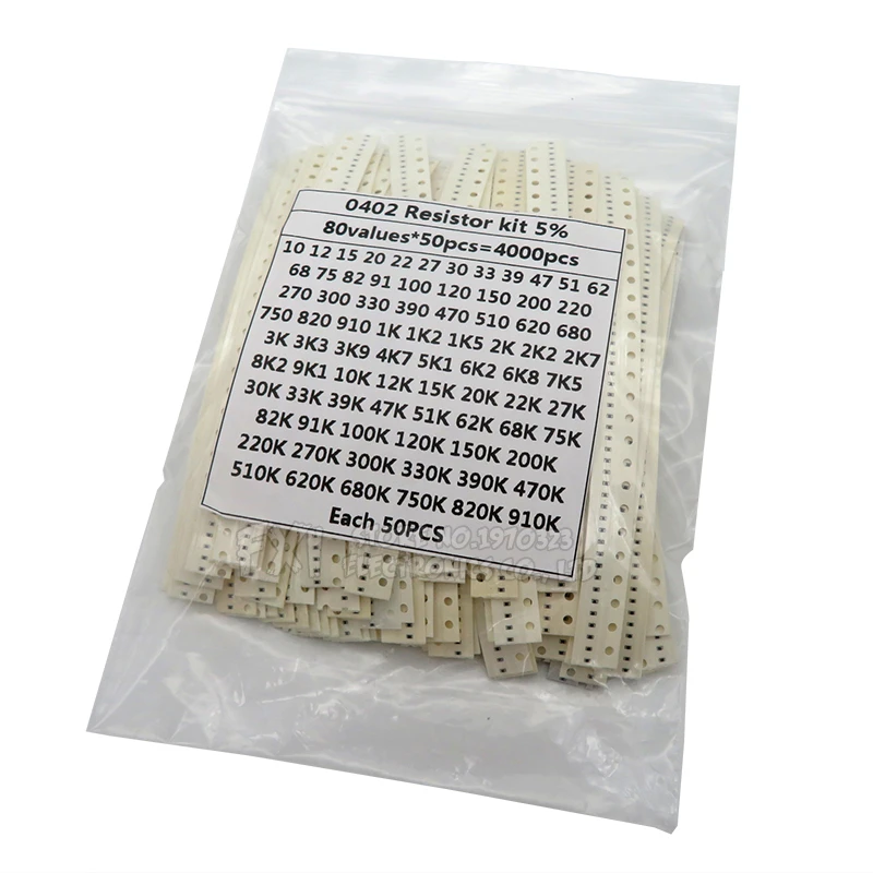 4000PCS 0402 SMD Resistor Kit Assorted Kit 10ohm-1M ohm 5% 80valuesX 50PCS=4000PCS Sample Kit