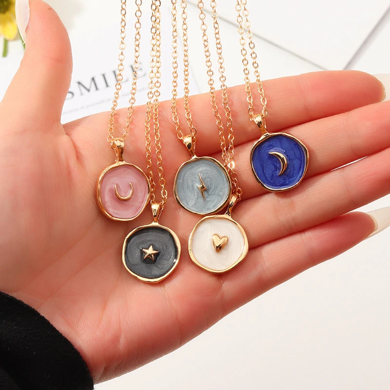 Painting Necklace For Women Brinco Heart Moon Star Lightning Oil Drip Fashion Jewelry Accessories Necklace